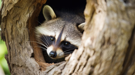 Raccoon looking out of a hole in a tree trunk.の素材