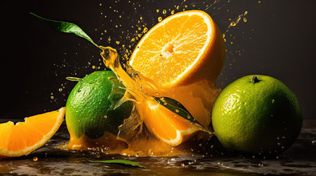 Fresh orange and lime slices with water splash on a black background.の素材