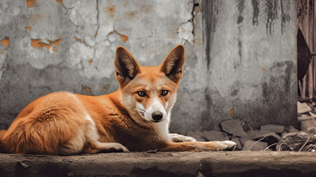 Red fox in the old house. Selective focus. Toned.の素材