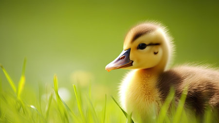 Duckling in green grass with bokeh background, close upの素材