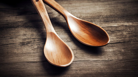 Wooden spoons on a wooden background. Selective focus. Toned.の素材