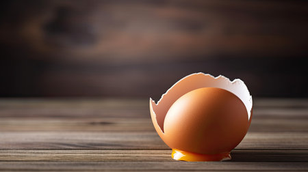 Broken egg on a wooden table with copy space for your textの素材