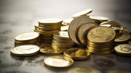 Coins on the background of financial charts. Shallow depth of field.の素材