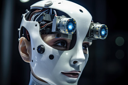 Close up view of a female robot in a futuristic setting. 3d rendering.の素材