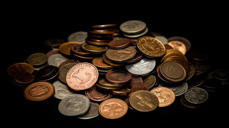 Pile of coins isolated on black background. Selective focus.の素材