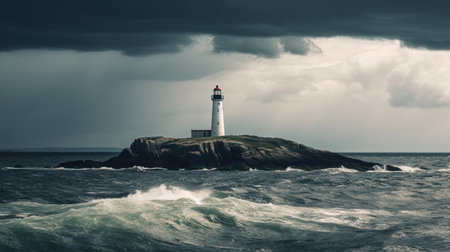 Stormy seascape with stormy sky and lighthouse. Toned.の素材