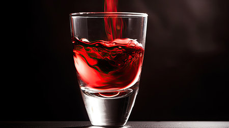 Red wine is poured into a glass on a black background close-upの素材