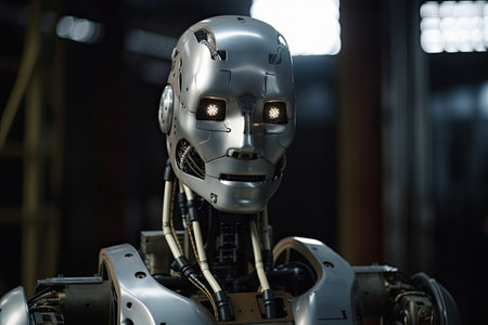 closeup of a robot in a factory, artificial intelligence concept.の素材