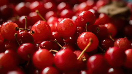 Close up of fresh red cherries, shallow depth of field.の素材