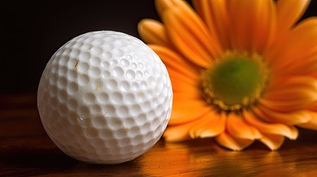 Golf ball and orange flower on a wooden table. Close upの素材
