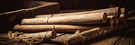 Bundle of cinnamon sticks on a wooden table. Selective focus. Toned.の素材