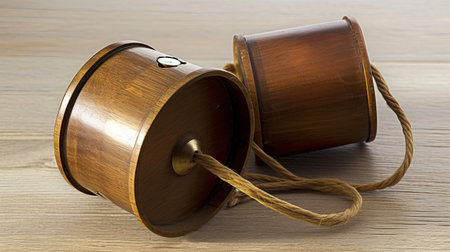 Wooden jar on wooden background. Close up. Copy space.の素材