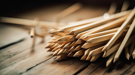 Wooden toothpicks on a wooden table. Selective focus.の素材