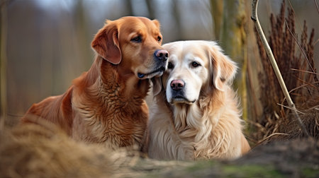 Two golden retriever dogs in the park. Close-up.の素材