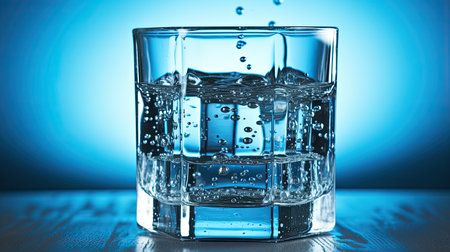 Glass of water with ice cubes on blue background, close-upの素材