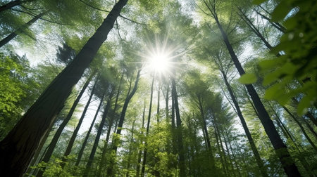 Beautiful green forest with sunbeams and lens flare. Nature backgroundの素材