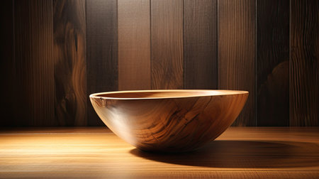 Empty wooden bowl on a wooden background. 3d rendering, 3d illustration.の素材