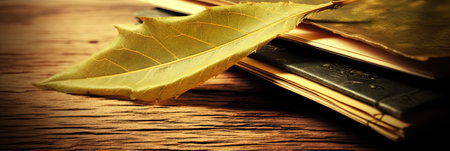 Books and autumn leaves on wooden background. Vintage style toned pictureの素材