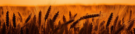Wheat field in the rays of the setting sun. Beautiful nature background.の素材