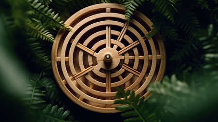 Wooden steering wheel on the background of green ferns.の素材
