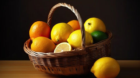 basket with lemons, limes and oranges on wooden tableの素材