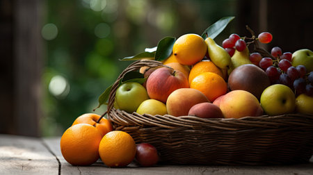 Basket of fresh fruits on wooden table with bokeh backgroundの素材