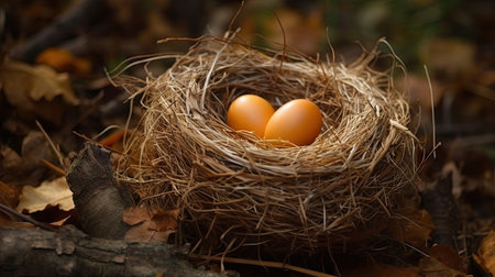 Eggs in a bird's nest on the background of autumn leavesの素材