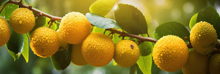 Orange fruit on tree branch with green leaves, closeup view.の素材