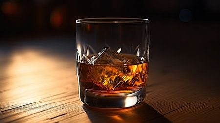 Glass of whiskey with ice cubes on a wooden table in a barの素材
