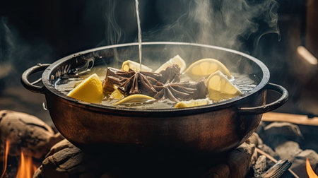 Cooking in a cauldron with lemon and spices on the fireの素材