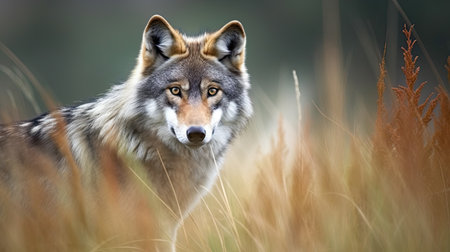 Close-up portrait of a grey wolf (Canis lupus) in the grass.の素材