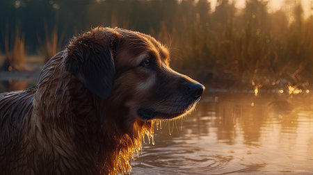Golden Retriever dog swimming in a lake at sunset. Pet portraitの素材