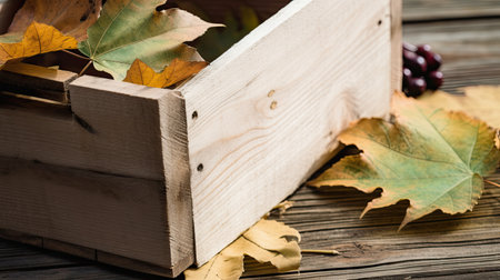 Wooden box with autumn leaves on a wooden background. Autumn still lifeの素材