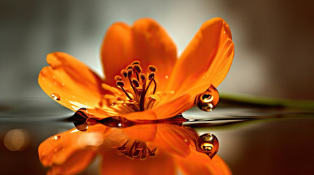 Orange flower with water drops on a dark background. Shallow depth of fieldの素材