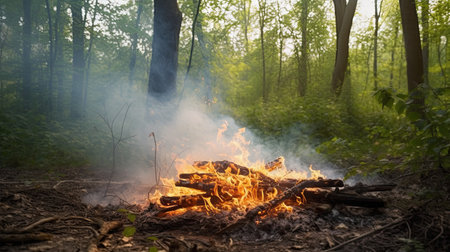 Bonfire in the forest in the early morning. Beautiful nature background.の素材