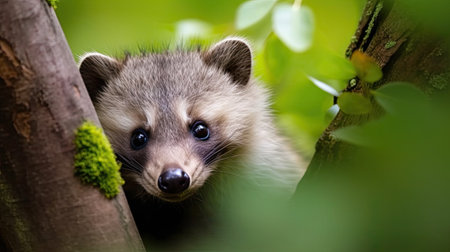 Close up portrait of a baby raccoon climbing a tree in the forestの素材