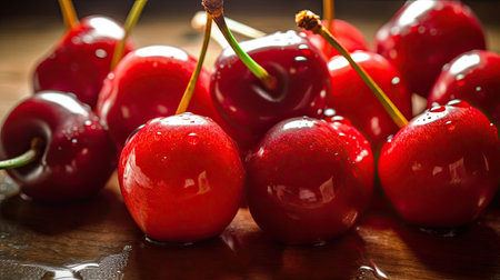 Red cherries with water drops on wooden background. Selective focus.の素材