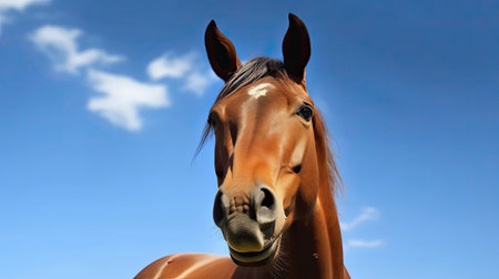 portrait of a bay horse in the paddock against the blue skyの素材