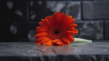 Gerbera flower on black stone background with copy space for textの素材