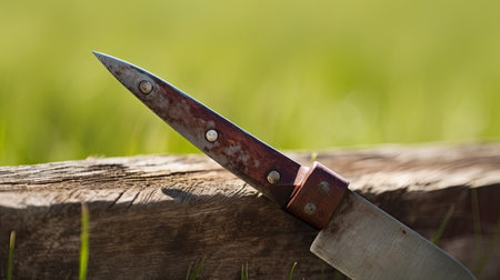 Knife on a log in the field. Selective focus.の素材