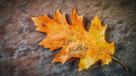 Autumn oak leaf on a wooden background. Top view with copy spaceの素材