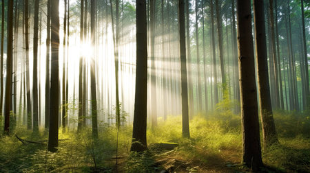 Morning in the forest. Sun rays through the branches of trees.の素材