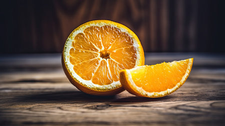 Orange slice on wooden background. Close-up, selective focus.の素材