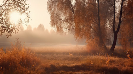 Autumn foggy morning in the meadow with willow treesの素材
