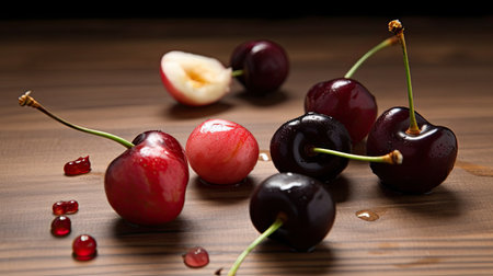 Cherries on a wooden table. Ripe cherries.の素材