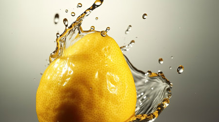 Lemon in water with splash on gray background. Close up.の素材
