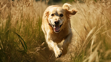 Golden Retriever running in the tall grass in the field.の素材