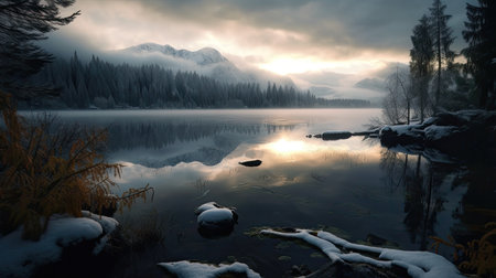 Mountain lake in the misty morning. Winter landscape. 3D renderの素材