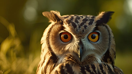 Portrait of an owl with orange eyes in the sunset light.の素材