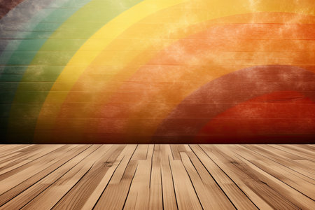 Wooden floor and rainbow wall background with copy space for your textの素材